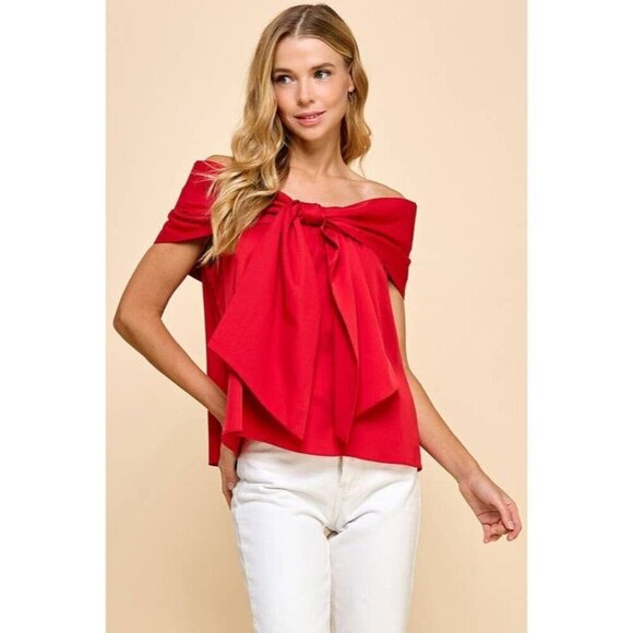 Red Bow Accented Off The Shoulder Top - Picture 1 of 6